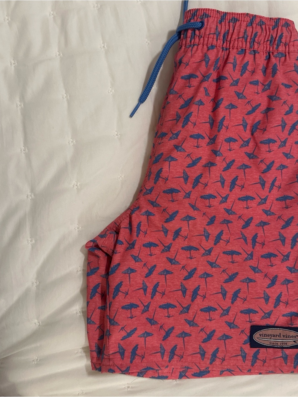 Vineyard Vines Kids Coral Pink Shorts with Blue Umbrella Print